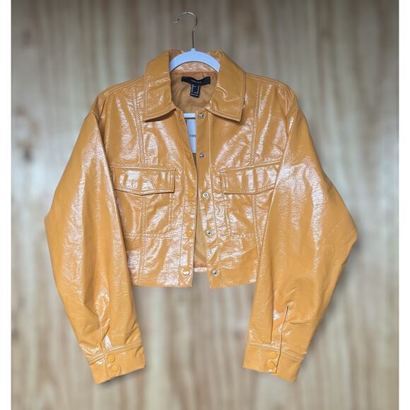 Trucker Tangerine Forever 21 Faux Leather Cropped Utility Jacket Size Medium NEW - Picture 3 of 15